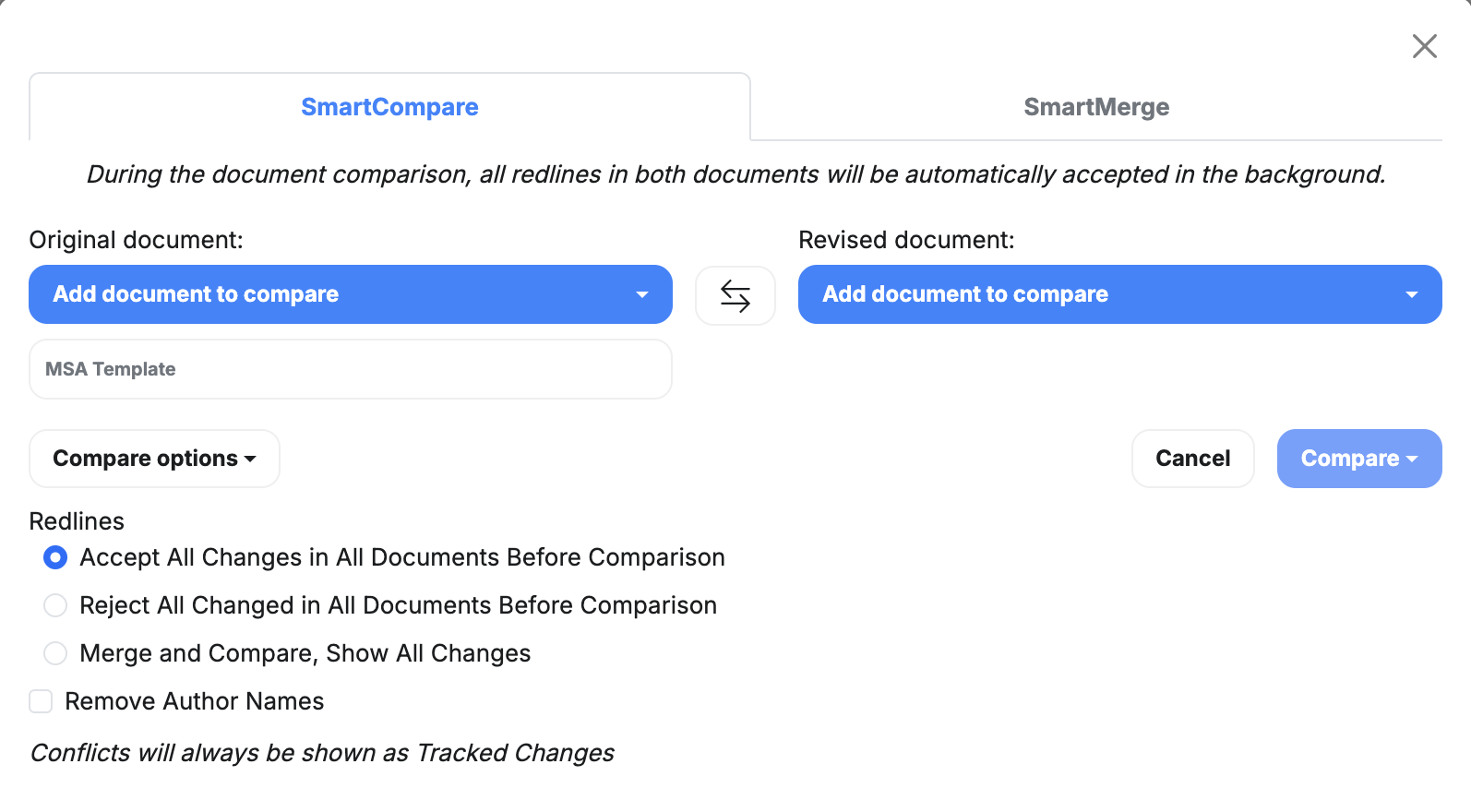 DraftCheck SmartCompare interface in Microsoft Word