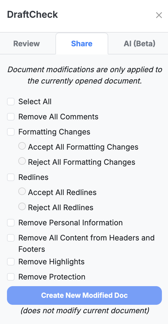 DraftCheck Share interface in Microsoft Word