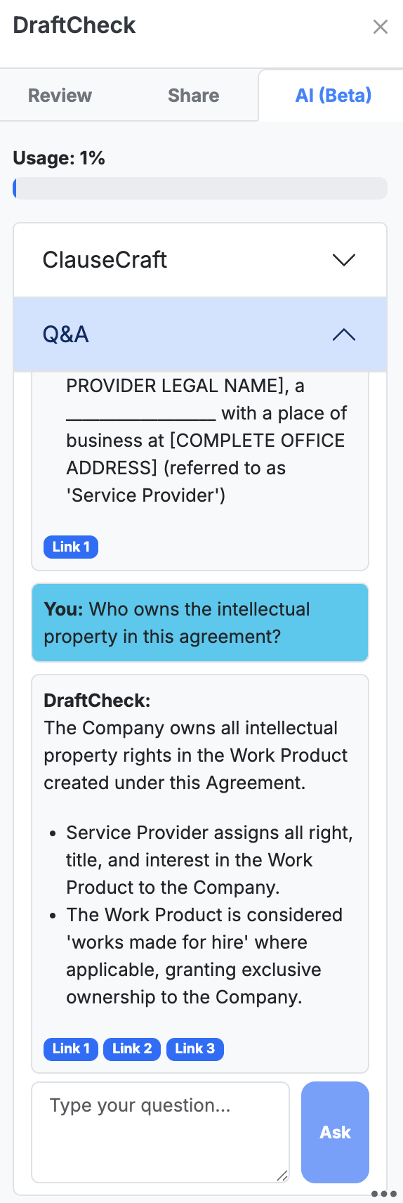 DraftCheck AI Q&A answer with source link